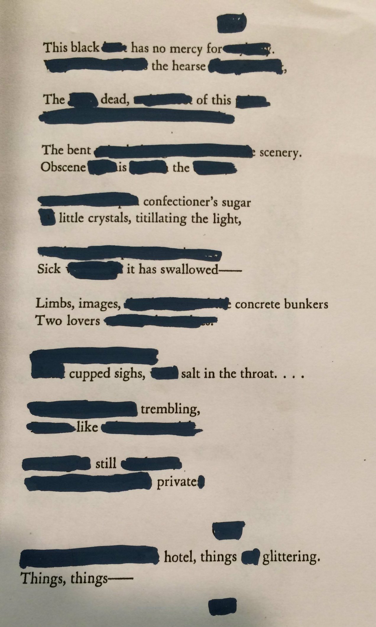 Redaction of a Sylvia Plath Poem from the book Ariel